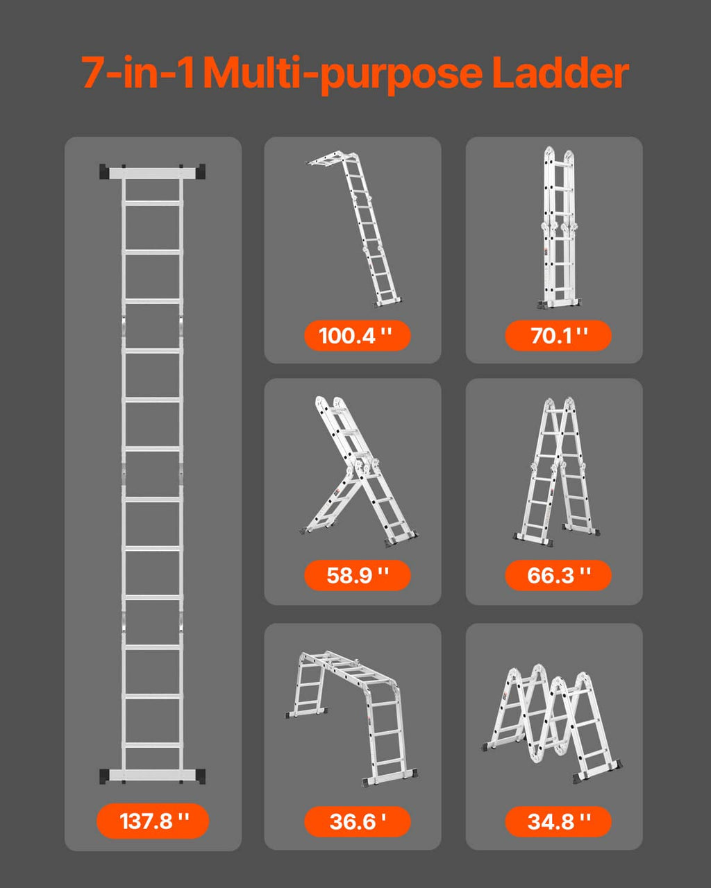 Seven-in-one multi-purpose folding ladder shown in multiple height configurations