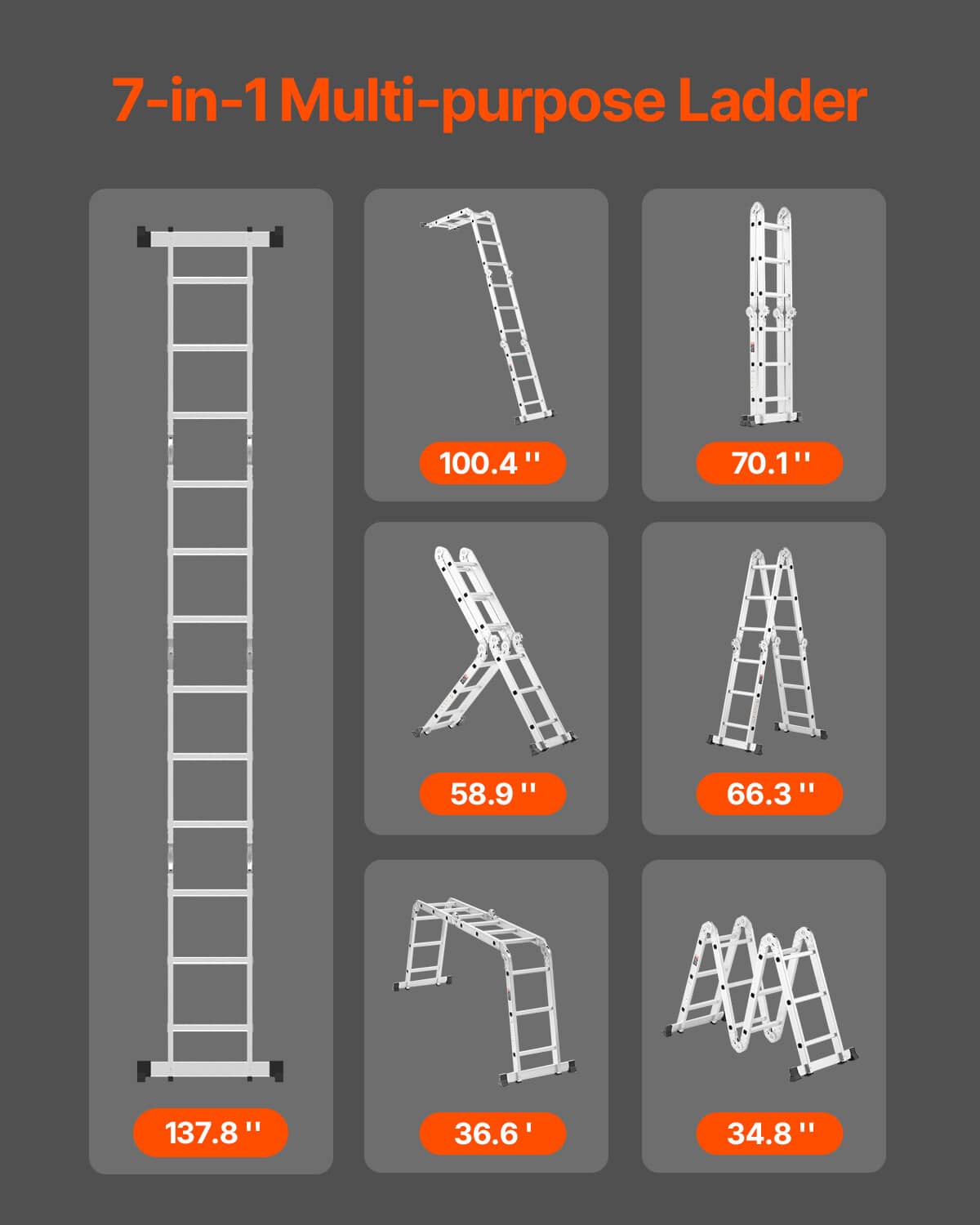 Seven-in-one multi-purpose folding ladder shown in multiple height configurations