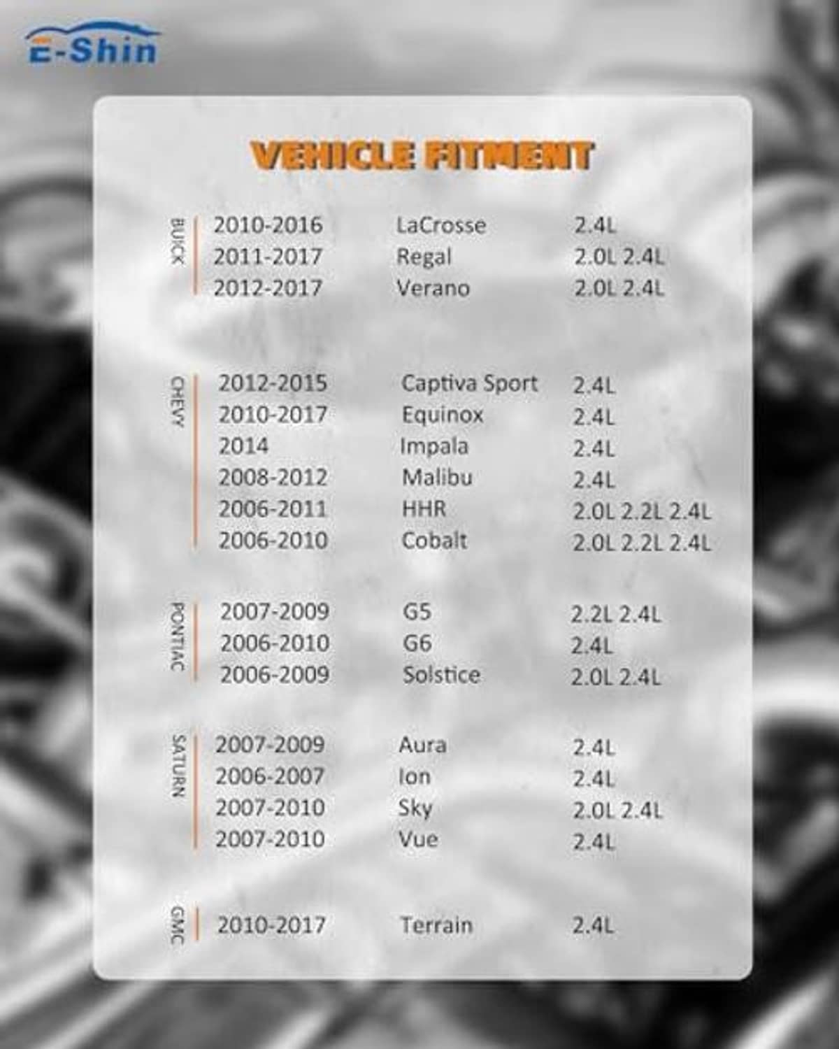 Vehicle fitment compatibility chart graphic for engine sensors