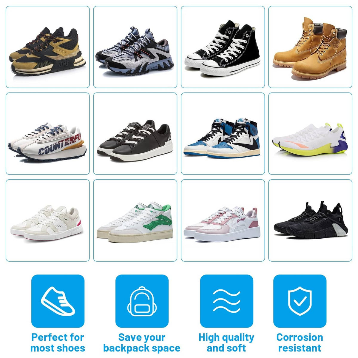 Shoe holster feature icons: holds most shoes, saves space, corrosion resistant