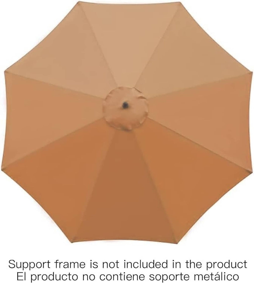 Khaki offset patio umbrella canopy with 8-panel spokes and center finial