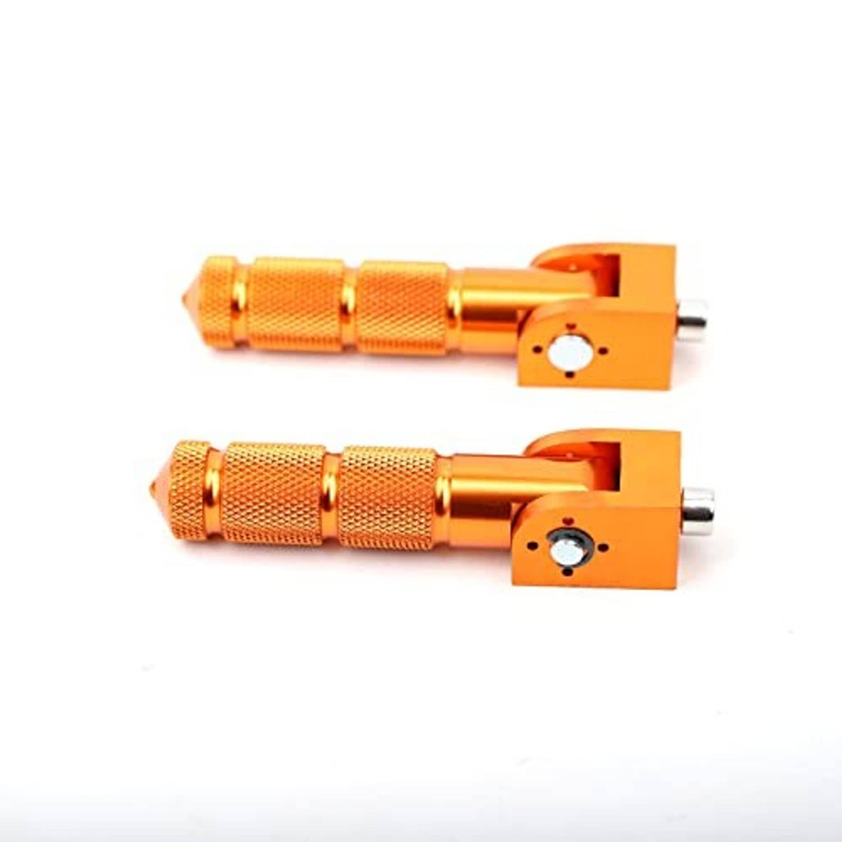 Orange CNC folding motorcycle foot pegs close-up with knurled grips and side mounting