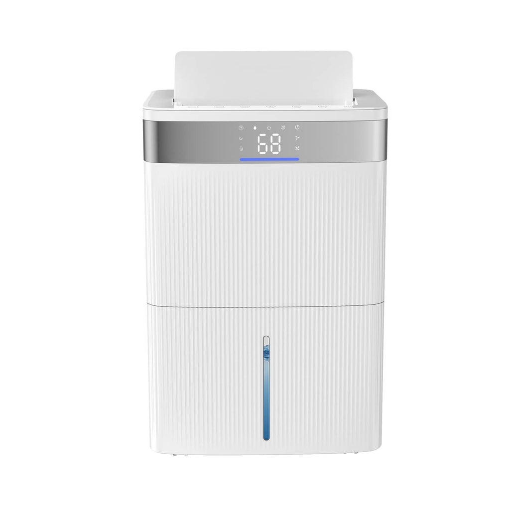 White standing dehumidifier with blue LED humidity display and front indicator