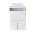 White standing dehumidifier with blue LED humidity display and front indicator