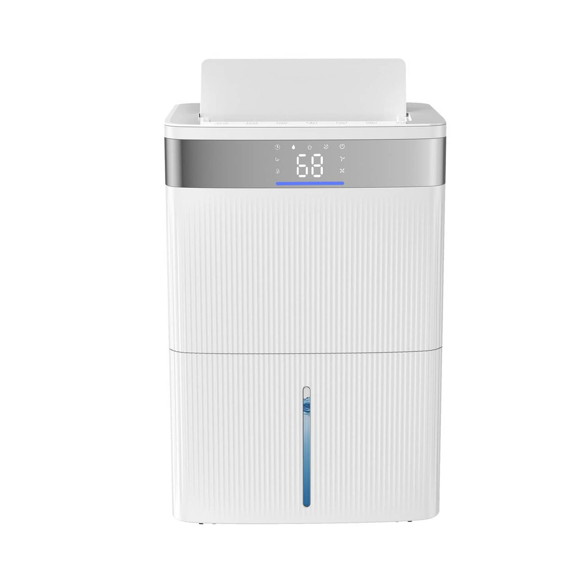 White standing dehumidifier with blue LED humidity display and front indicator