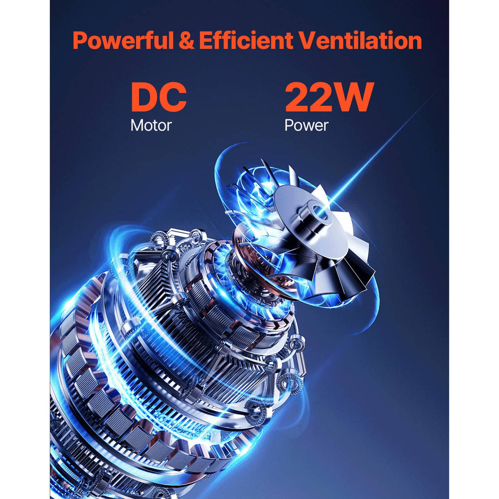 DC motor vent fan assembly with visible fan blades under a dark top housing
