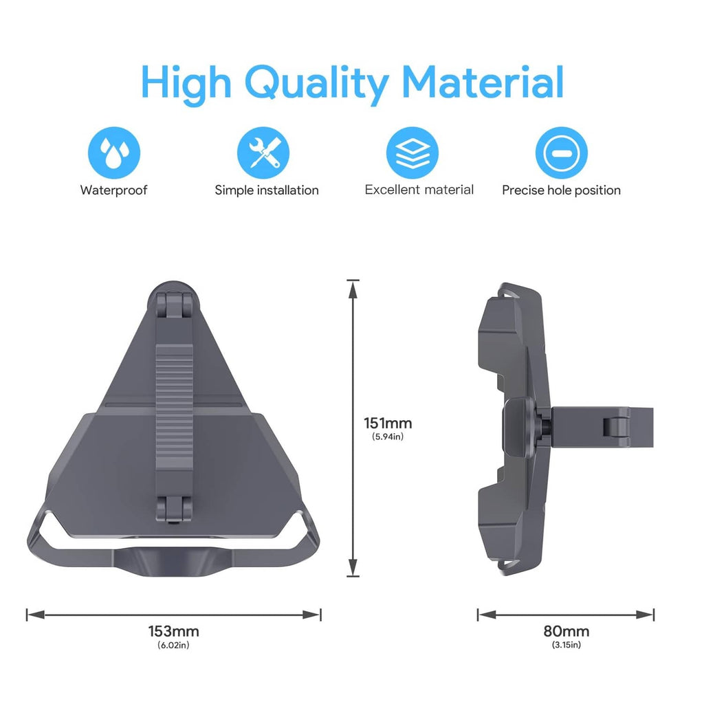 Gray aluminum roof rack mount with mounting plate and side clamps, front and side views
