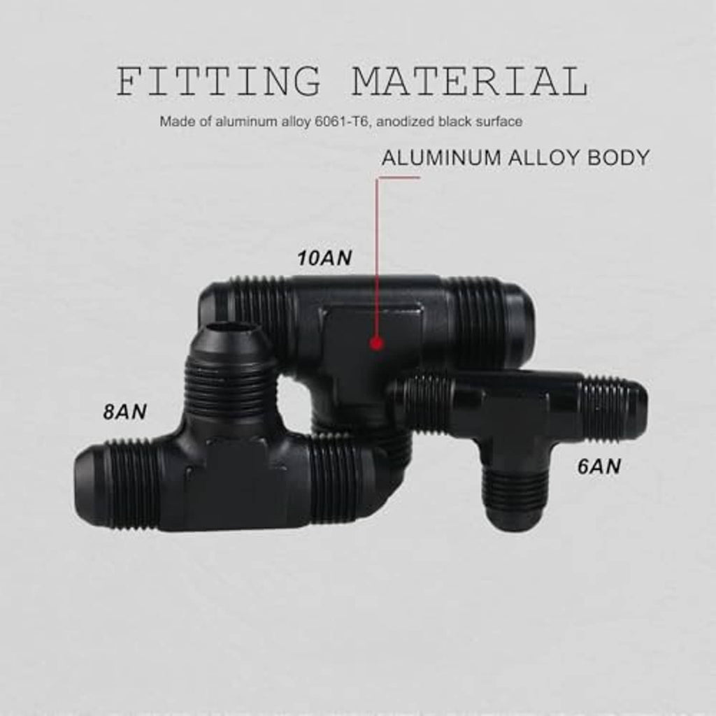 Black aluminum AN tee adapter fitting with 8AN, 10AN, and 6AN threaded ends.