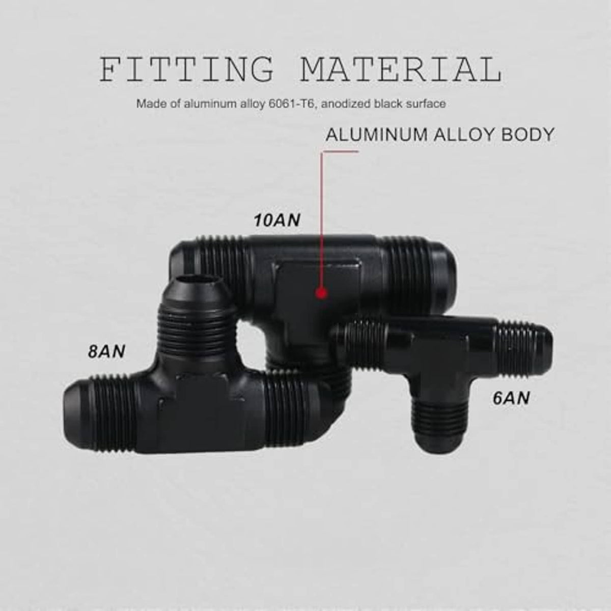 Black aluminum AN tee adapter fitting with 8AN, 10AN, and 6AN threaded ends.
