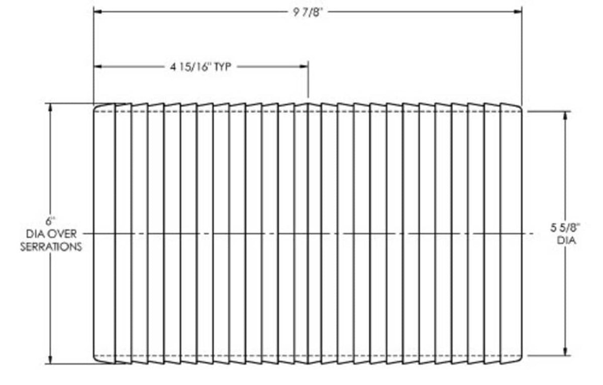 Ribbed hose mender fitting dimension diagram with barbed end profile
