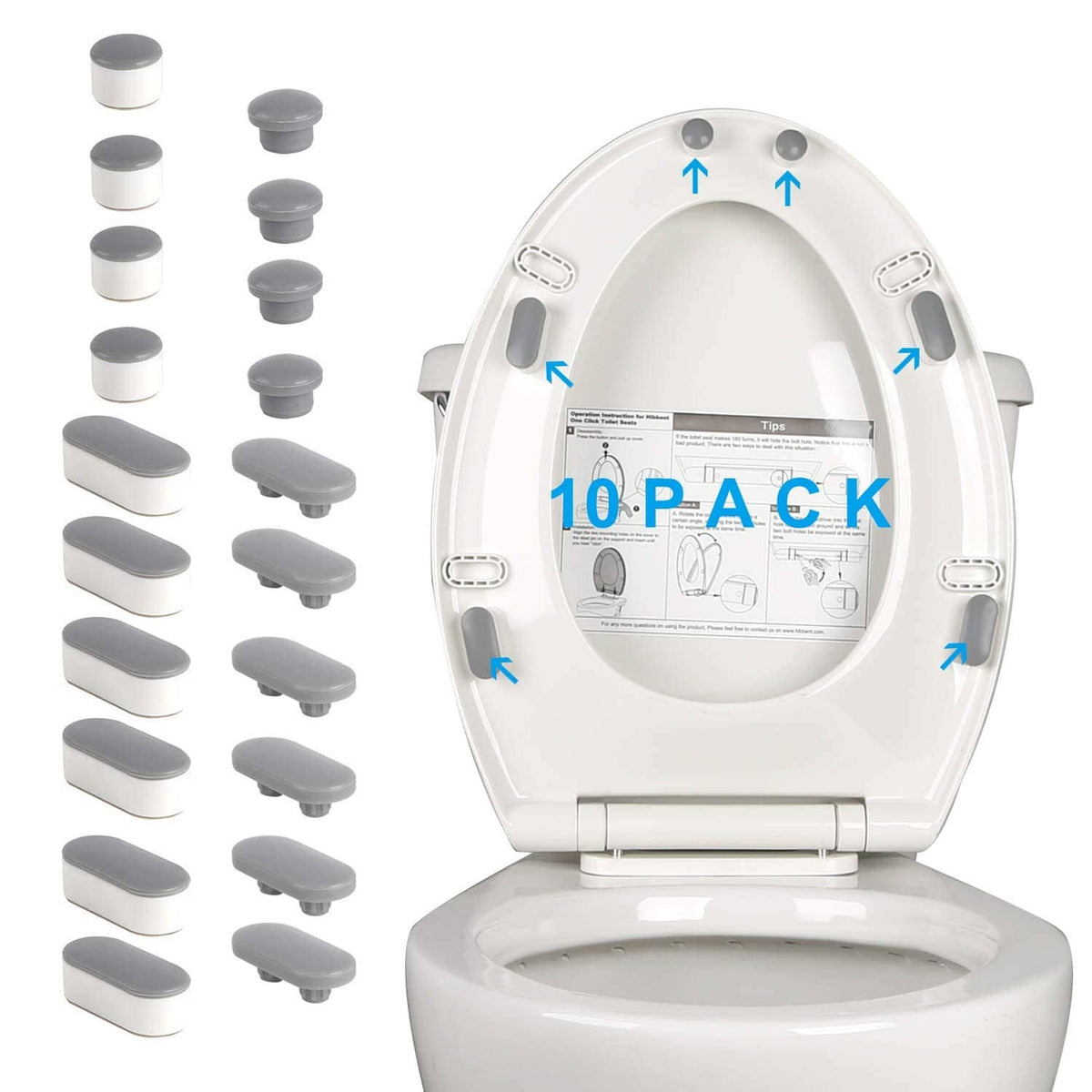 Universal toilet seat bumpers set with gray pads attached to the lid, white base grips