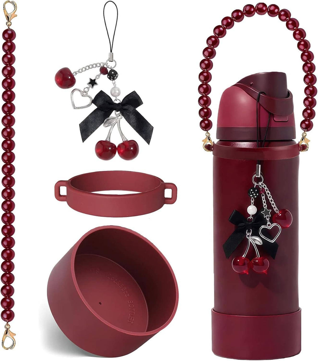 Water bottle accessory set with pearl beaded strap, black bow charms, and maroon handle parts