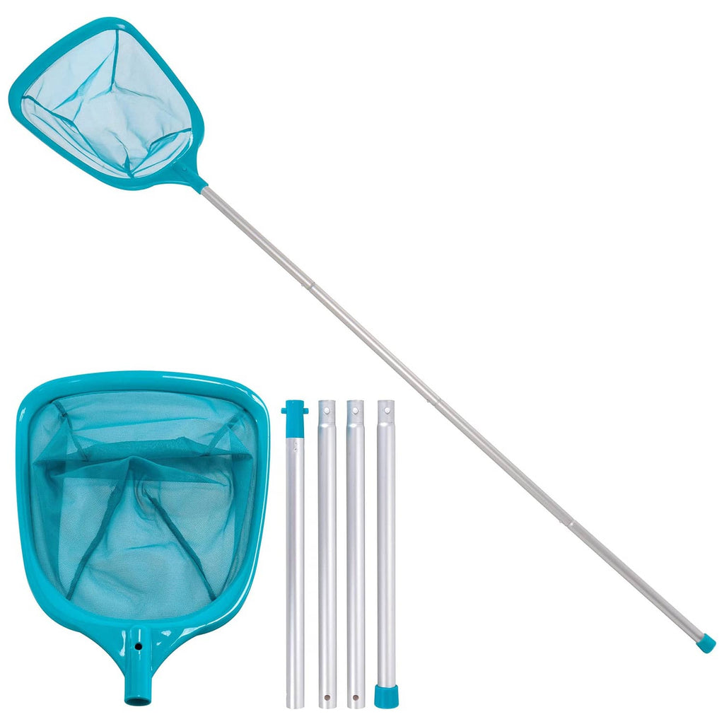 Blue leaf skimmer net with telescoping 5-foot pole and square mesh basket.
