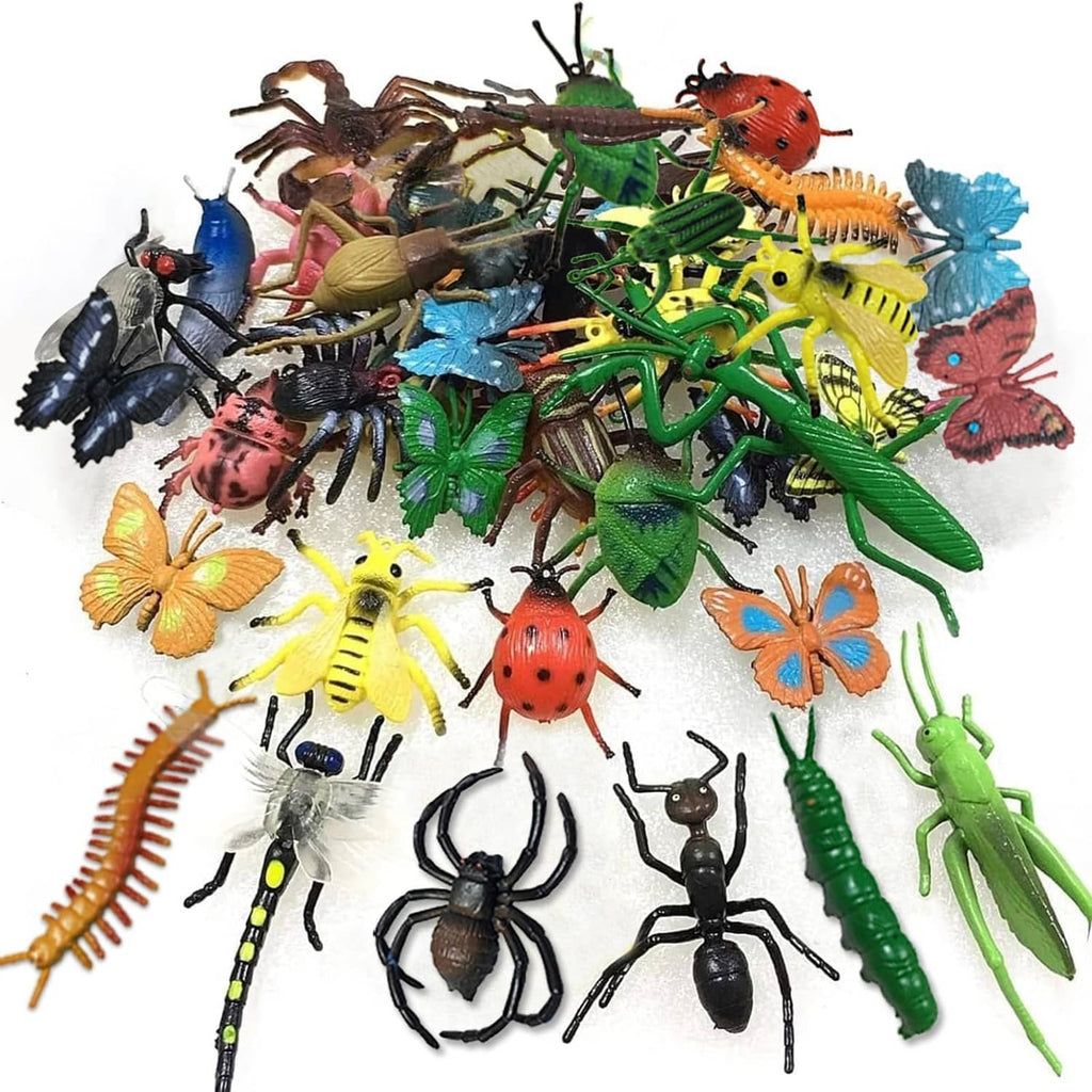 Set of colorful plastic bug toys, assorted beetles, spiders, and insects