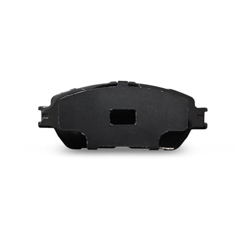 Side view of a dark ceramic brake pad with ventilation slot and mounting tabs