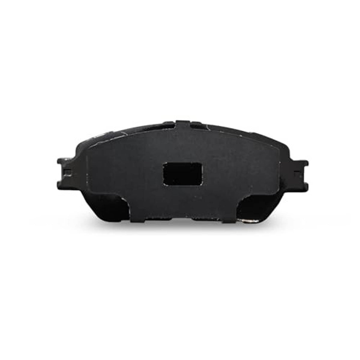 Side view of a dark ceramic brake pad with ventilation slot and mounting tabs