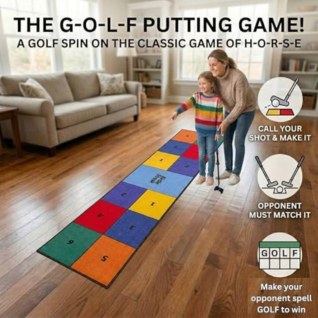 Indoor golf putting mat with multicolor grid and four cup targets for putting game