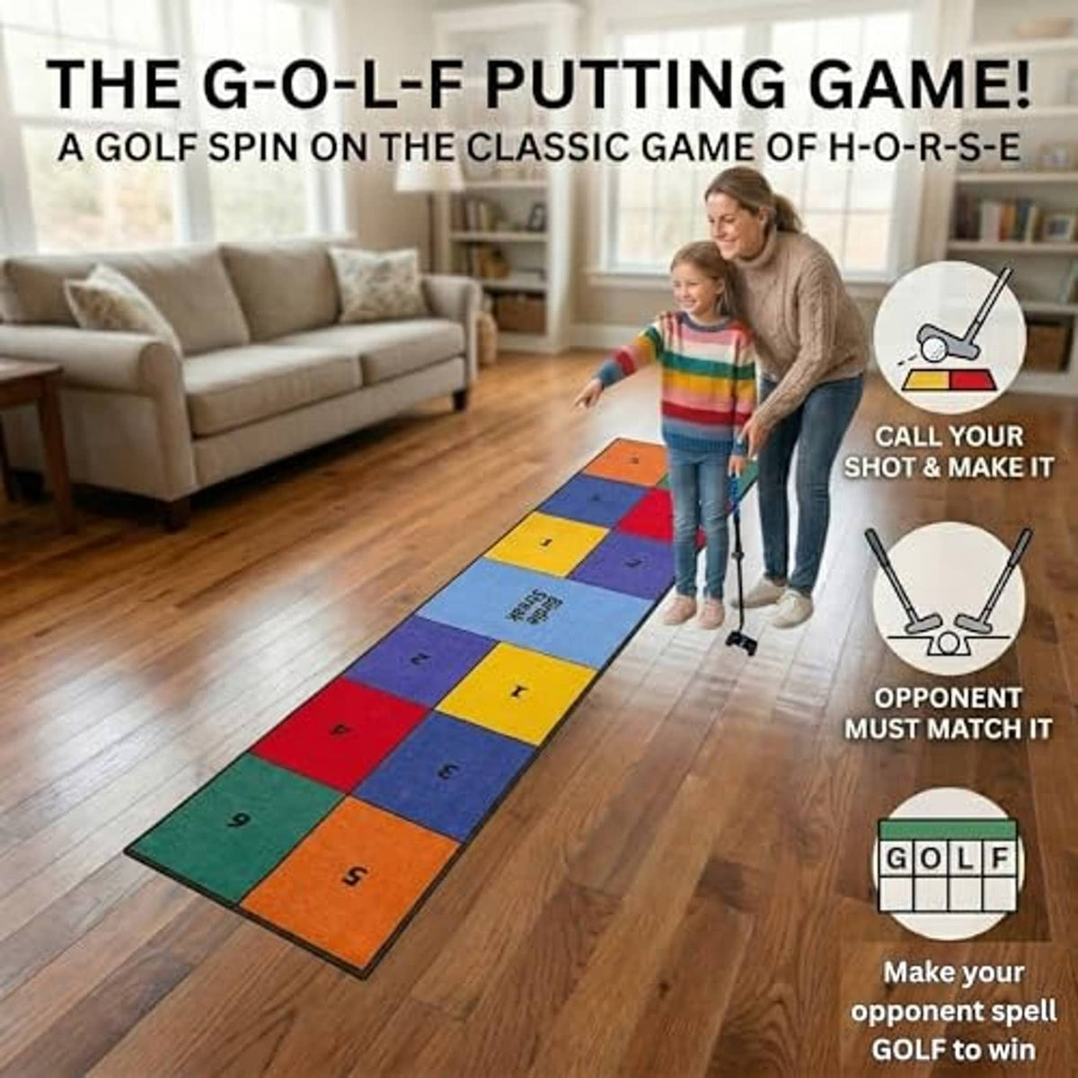 Indoor golf putting mat with multicolor grid and four cup targets for putting game