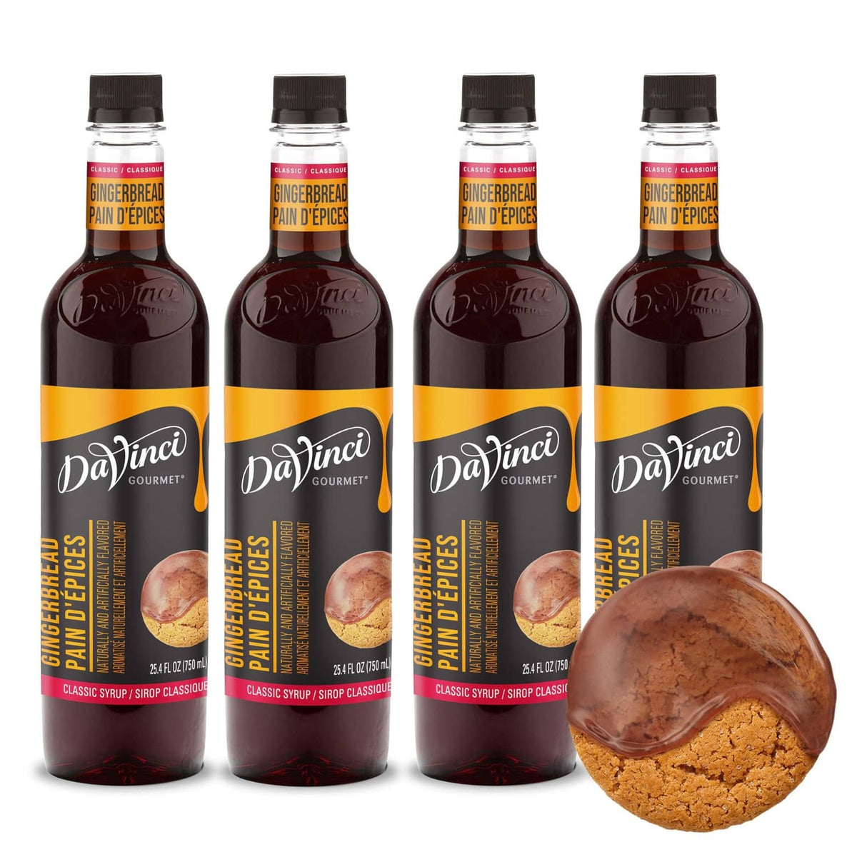 Set of 4 DaVinci Gourmet gingerbread syrup bottles with cookie