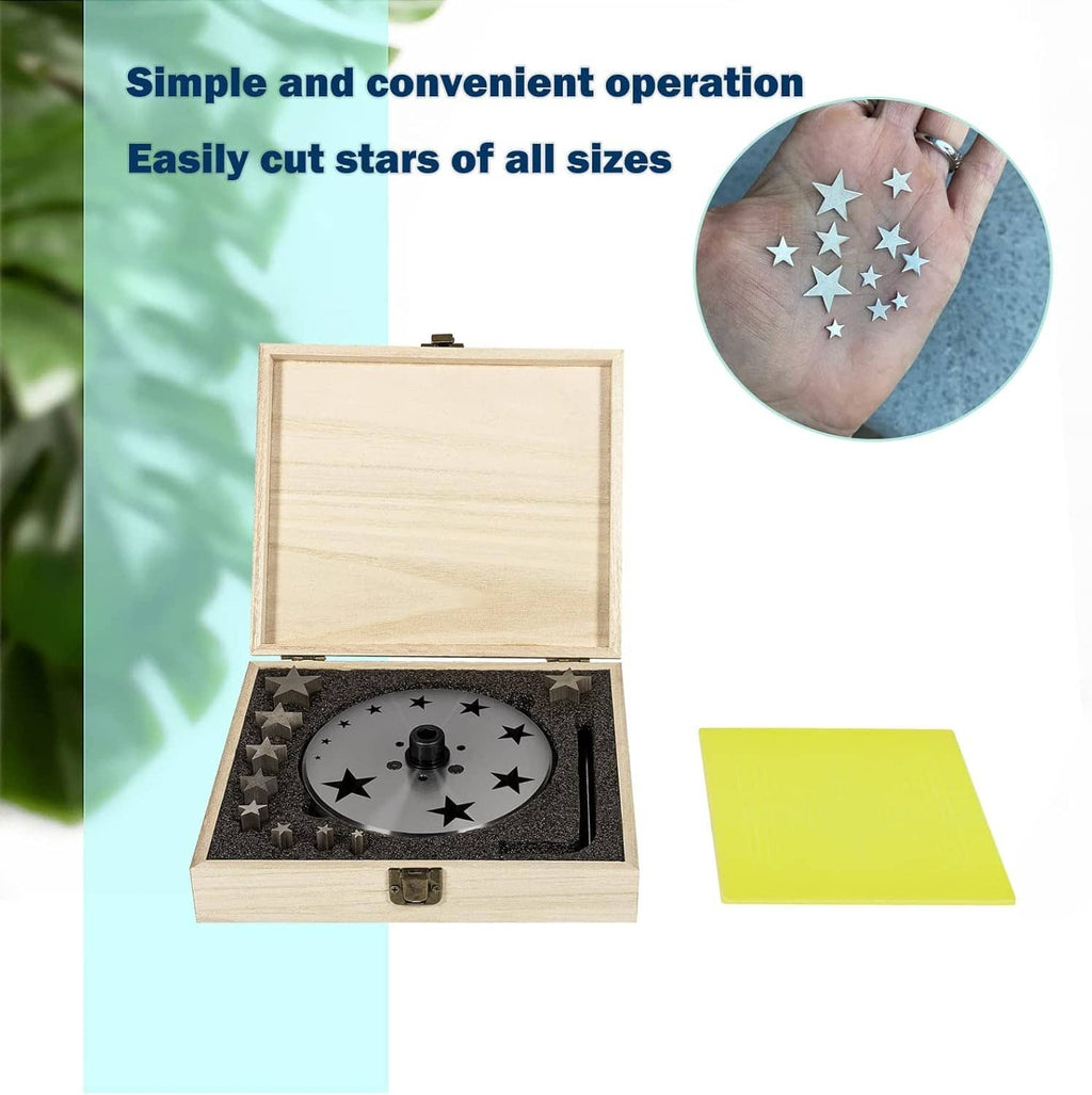 Star disc cutter in wooden case with star dies, yellow sheet, and hand detail