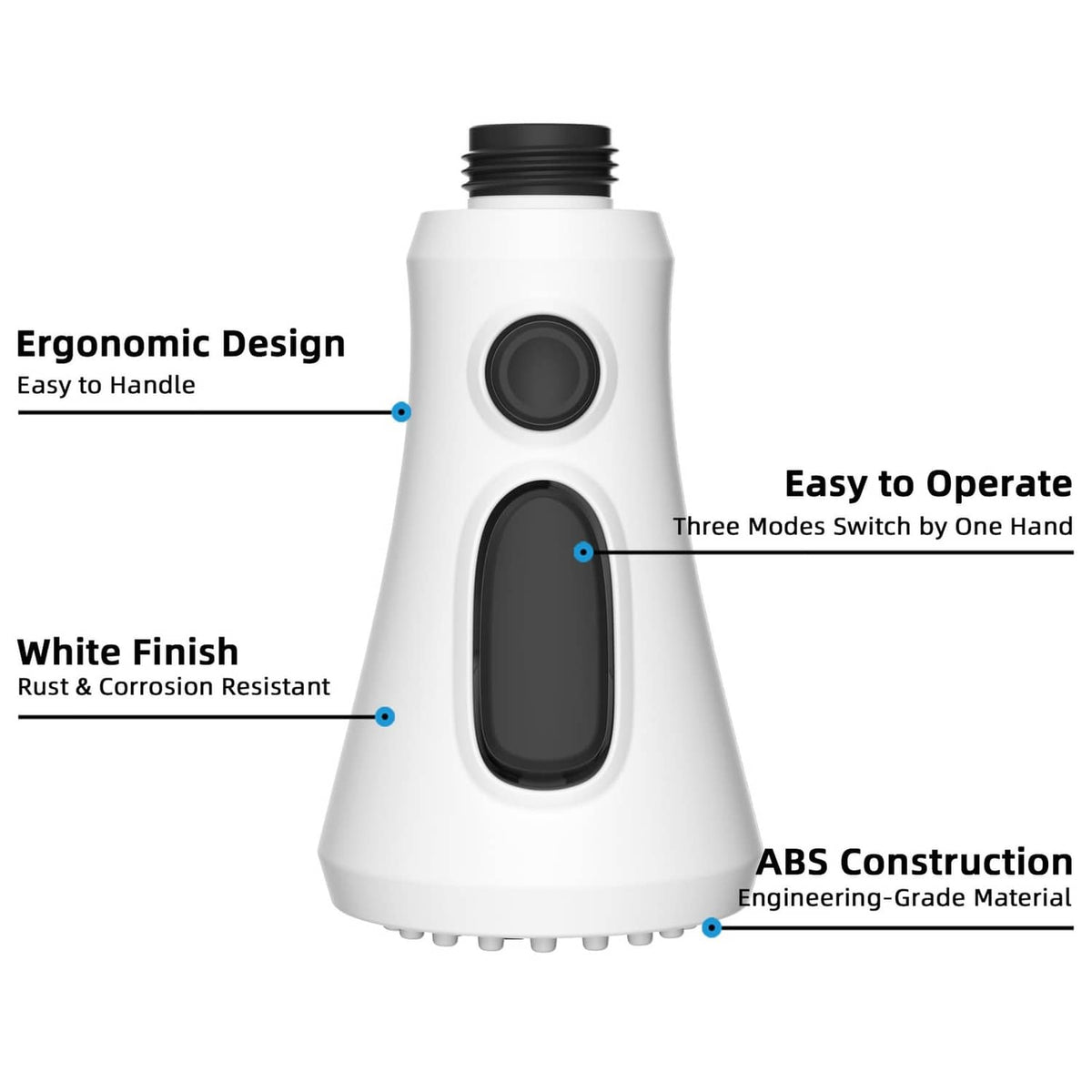 White pull-down spray head with three-mode switch buttons and ABS construction