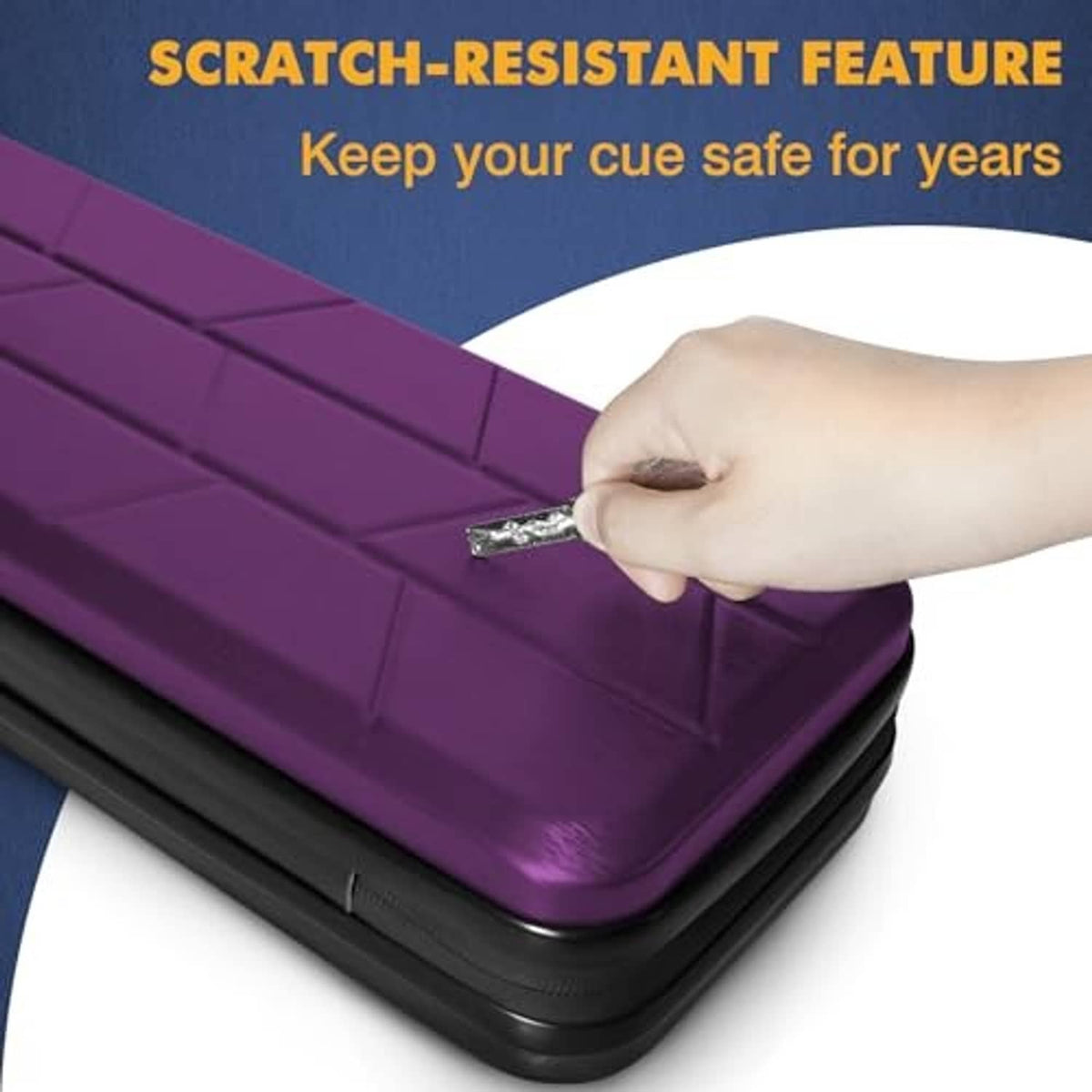 Purple hard pool cue case with textured latch, black bottom edge