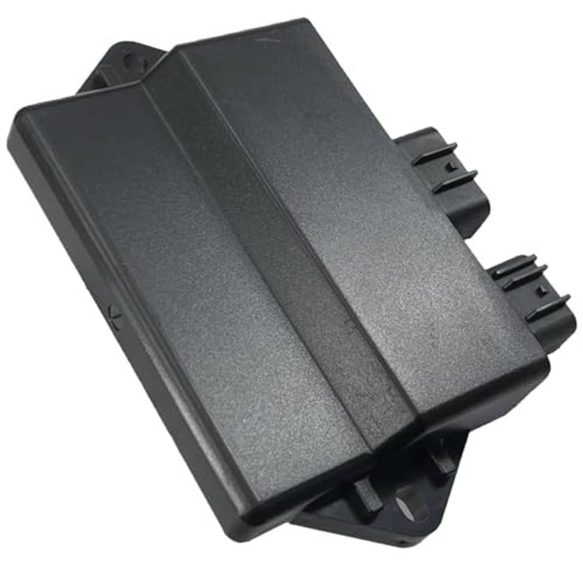 CDI ignition module side view with textured black plastic housing and connector pins