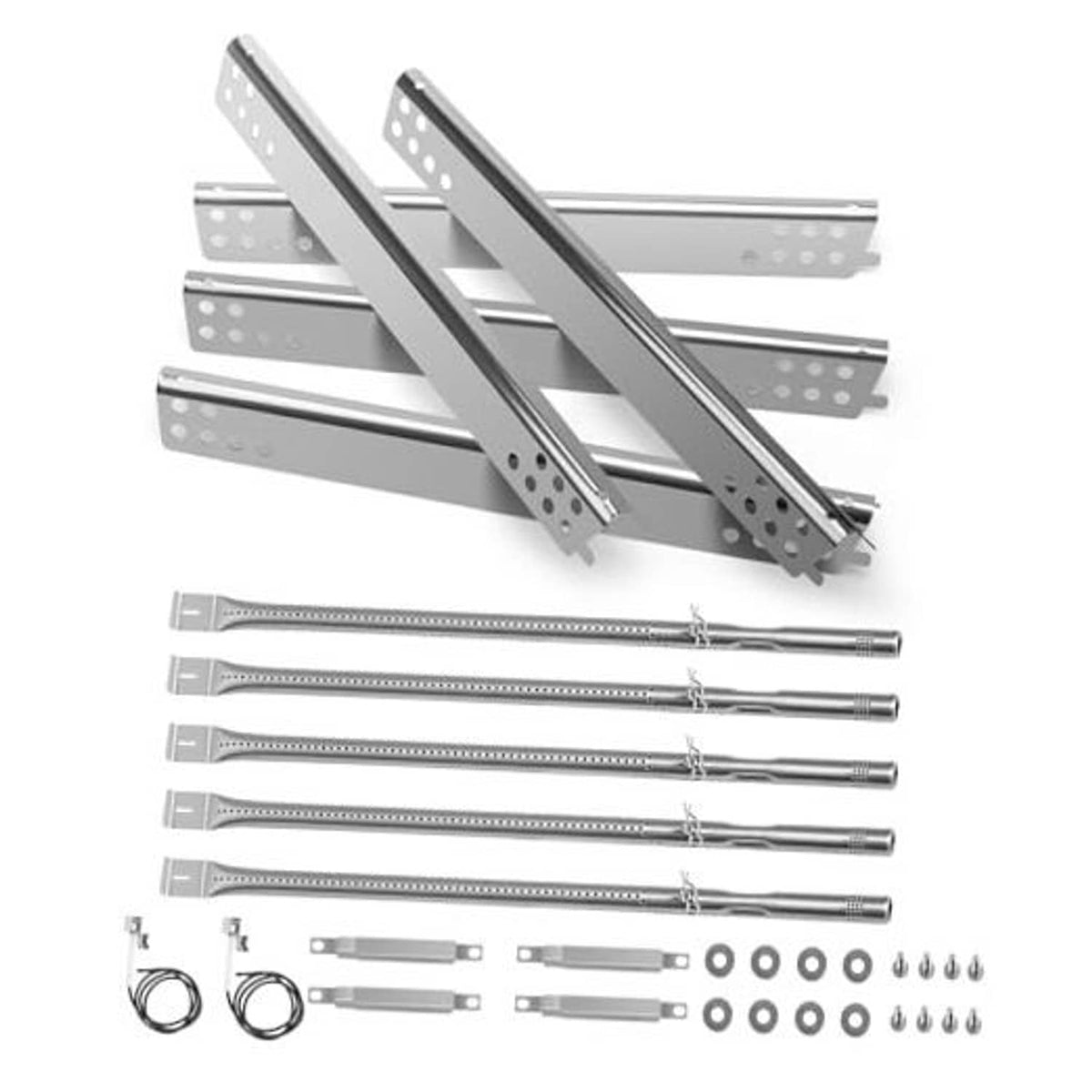 Stainless steel grill burner replacement kit with brackets and adjustable rods
