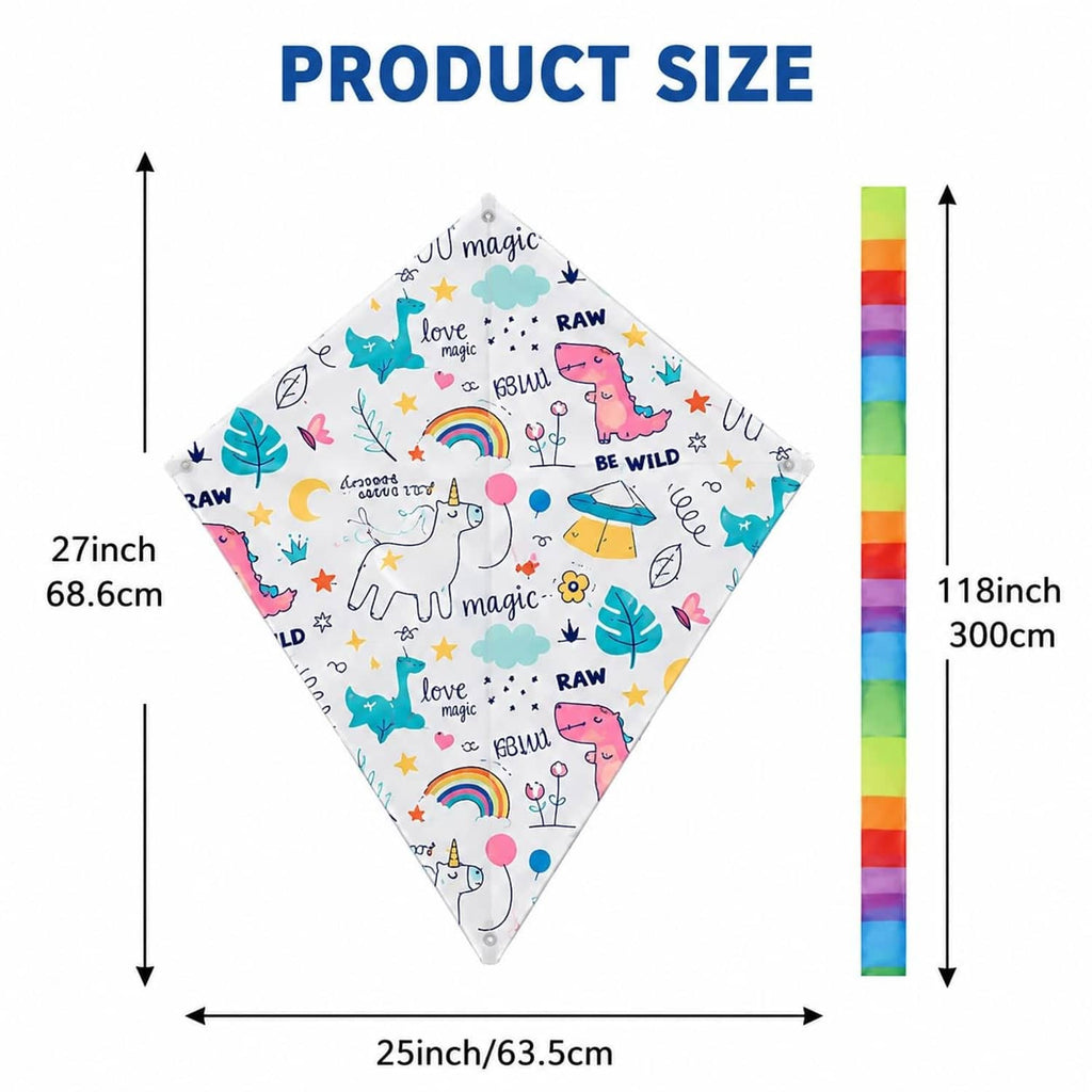 Diamond DIY kite size diagram with colorful unicorn pattern and measurements