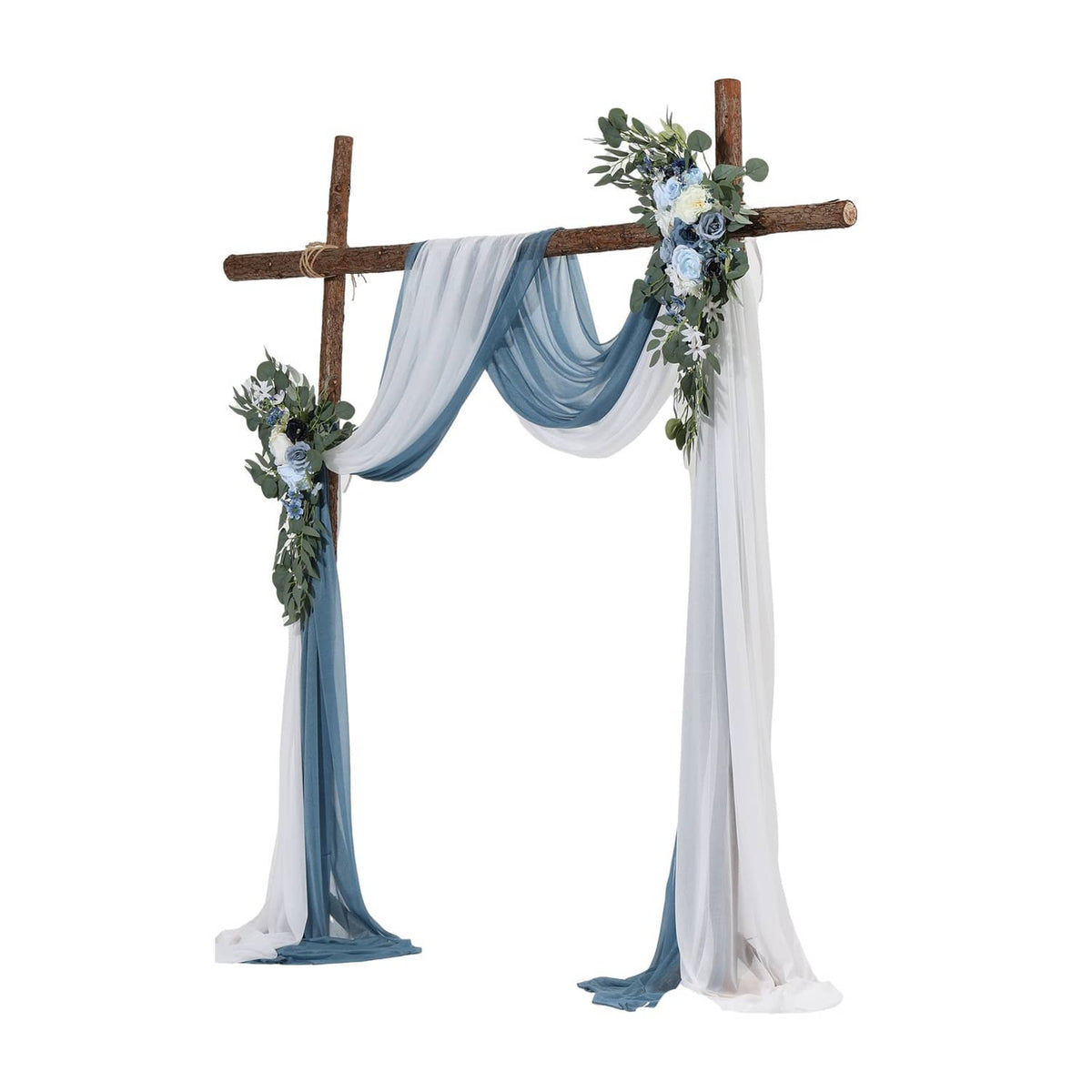 Wood wedding arch with blue-and-white drapes and small artificial floral garlands