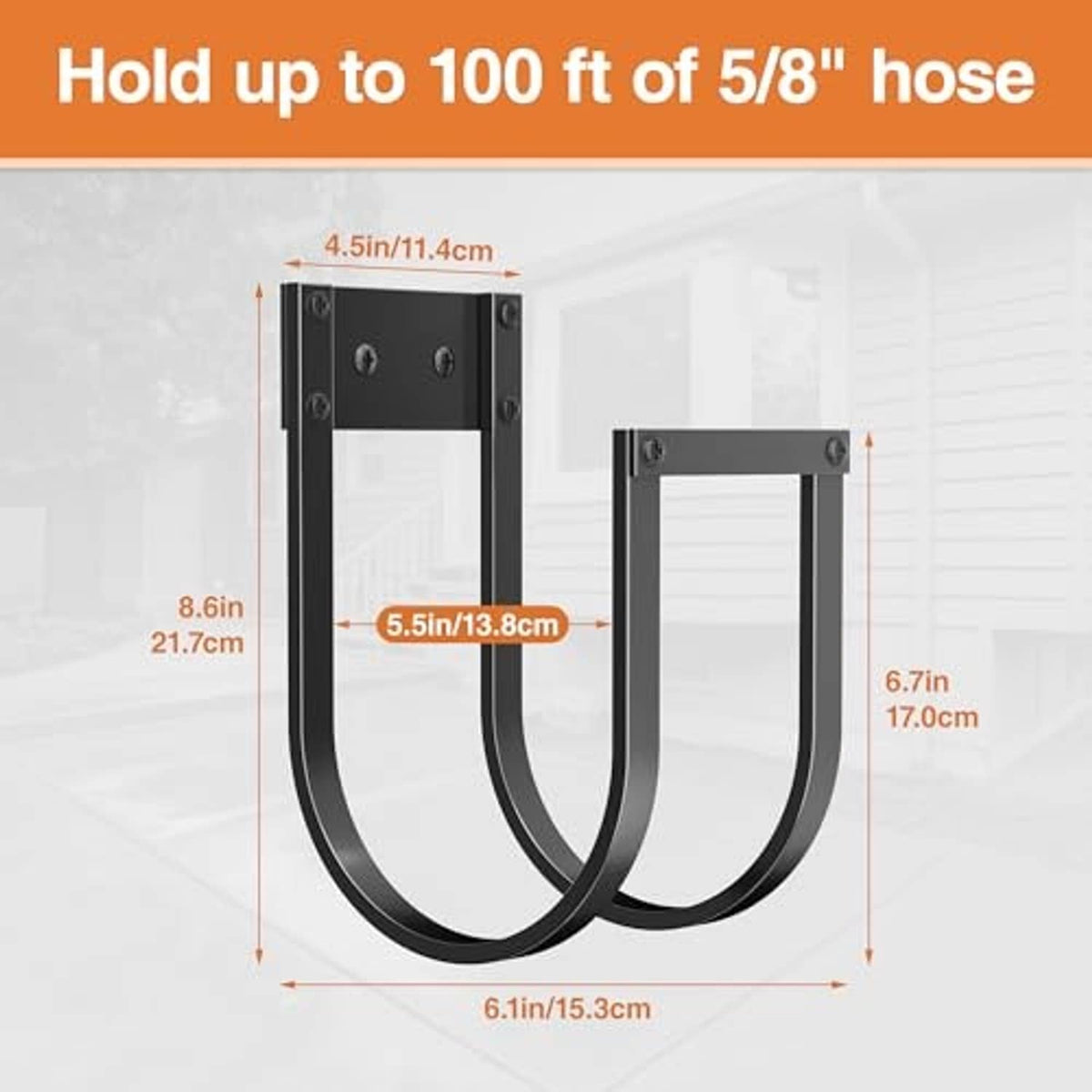Black dual-hook wall-mounted hose hanger with curved cradle for coiled hose