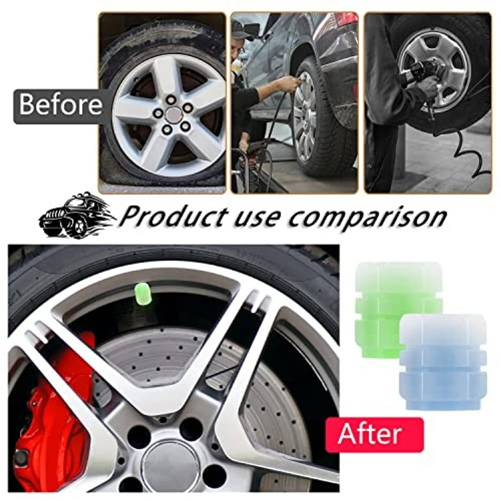 Glow-in-the-dark tire valve stem caps pack with green and blue translucent pieces