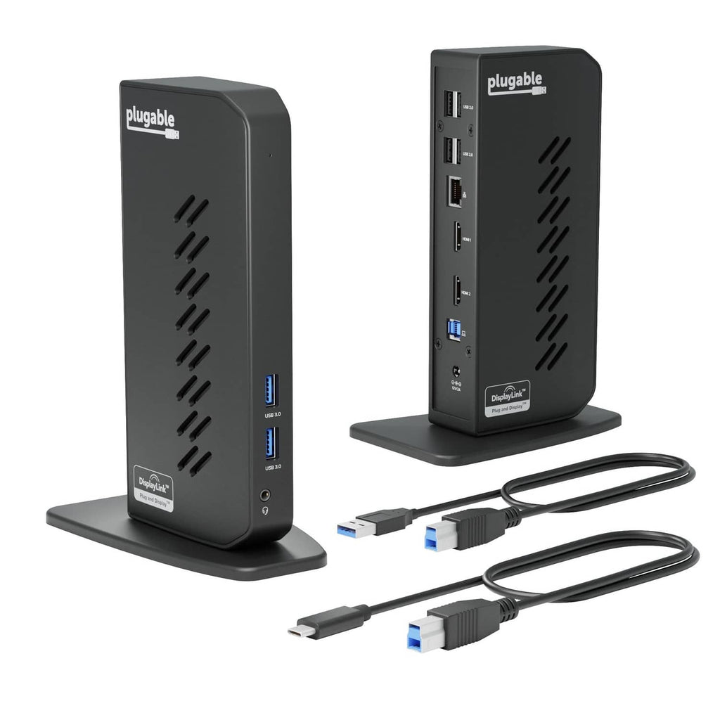 Black docking station on stand with two connected USB cables