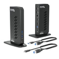 Black docking station on stand with two connected USB cables
