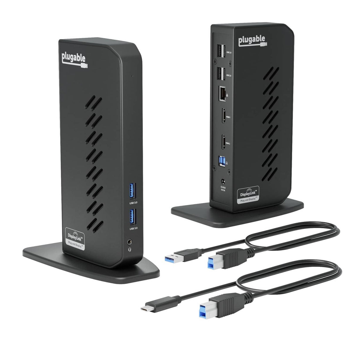 Black docking station on stand with two connected USB cables