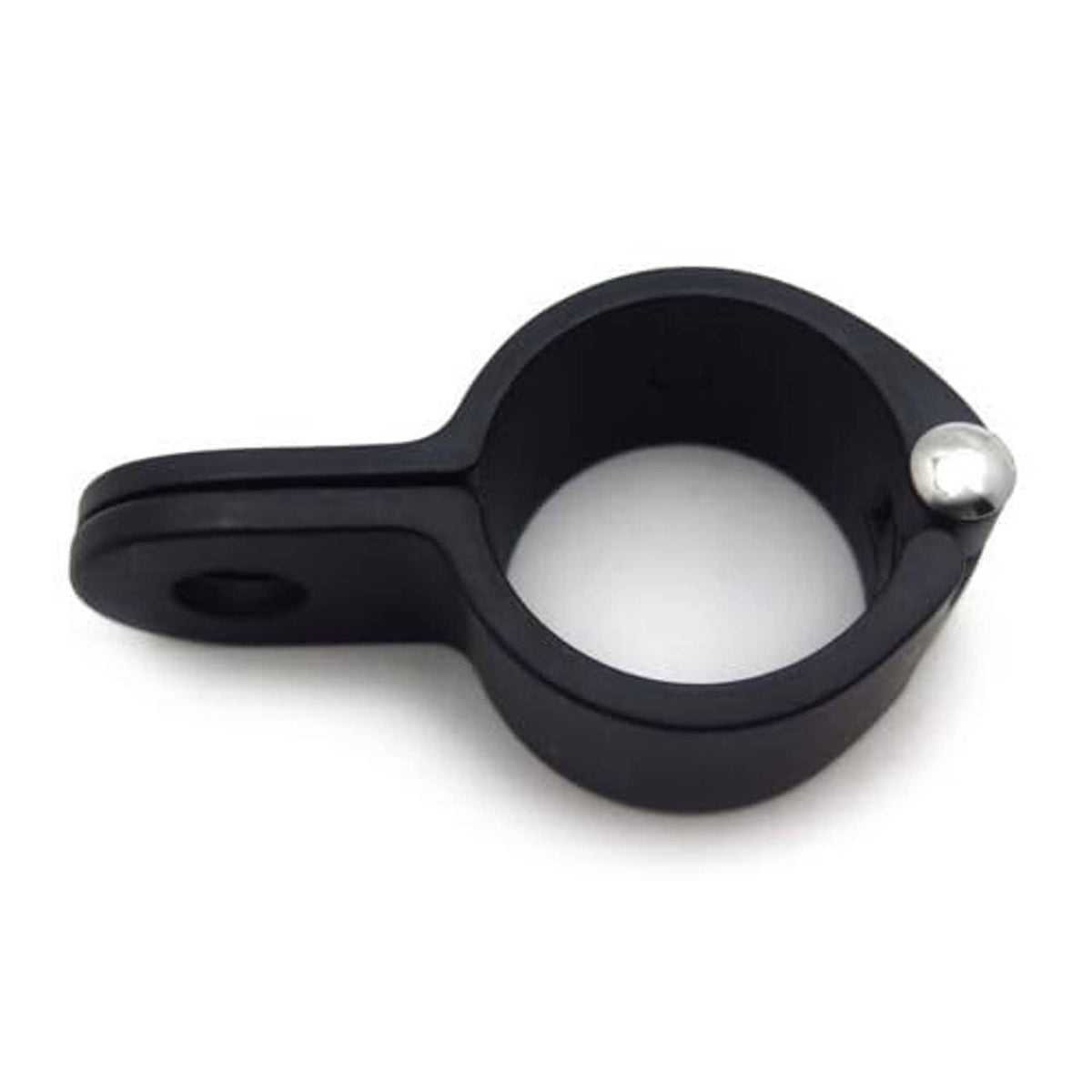 Black motorcycle footpeg clamp, open circular mount with rear side tab