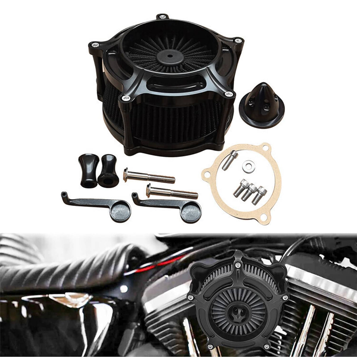 Air cleaner intake filter kit with pleated filter, mounting parts, and gasket