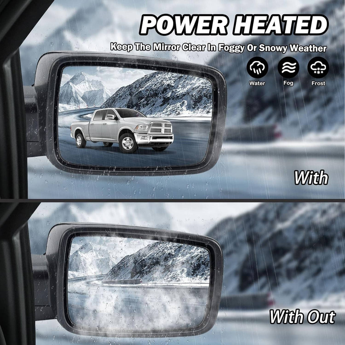 Heated right mirror lens shows fog-reduced view with textured frame and harness.