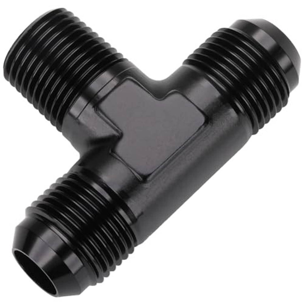 Black AN flare tee fitting with male flare threads on ends and 1/2NPT side port
