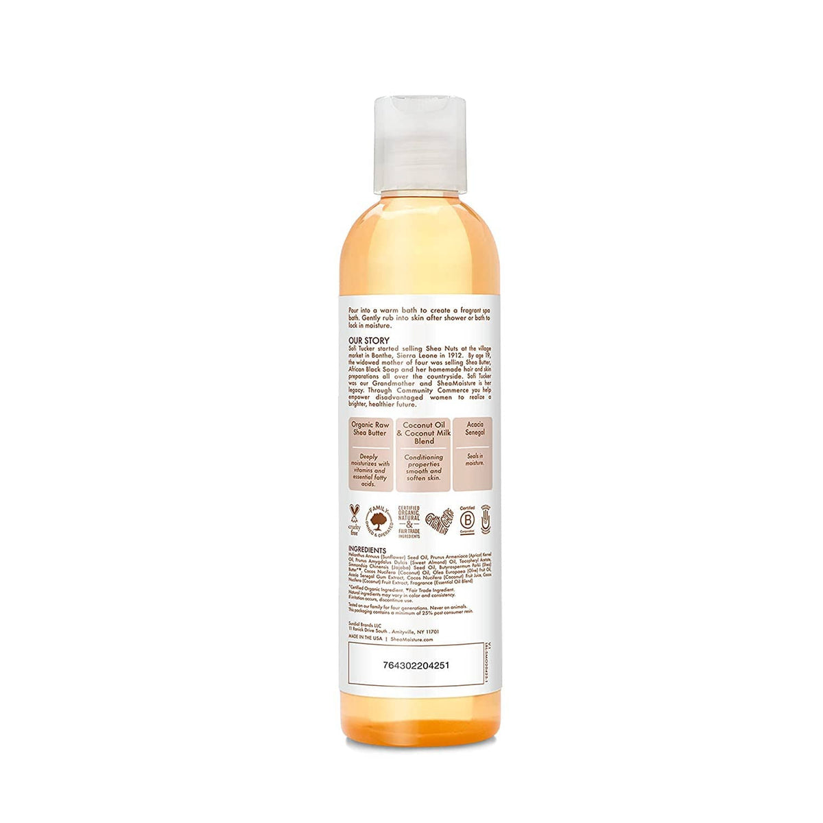 Daily hydration body oil bottle with clear cap, back label showing product details