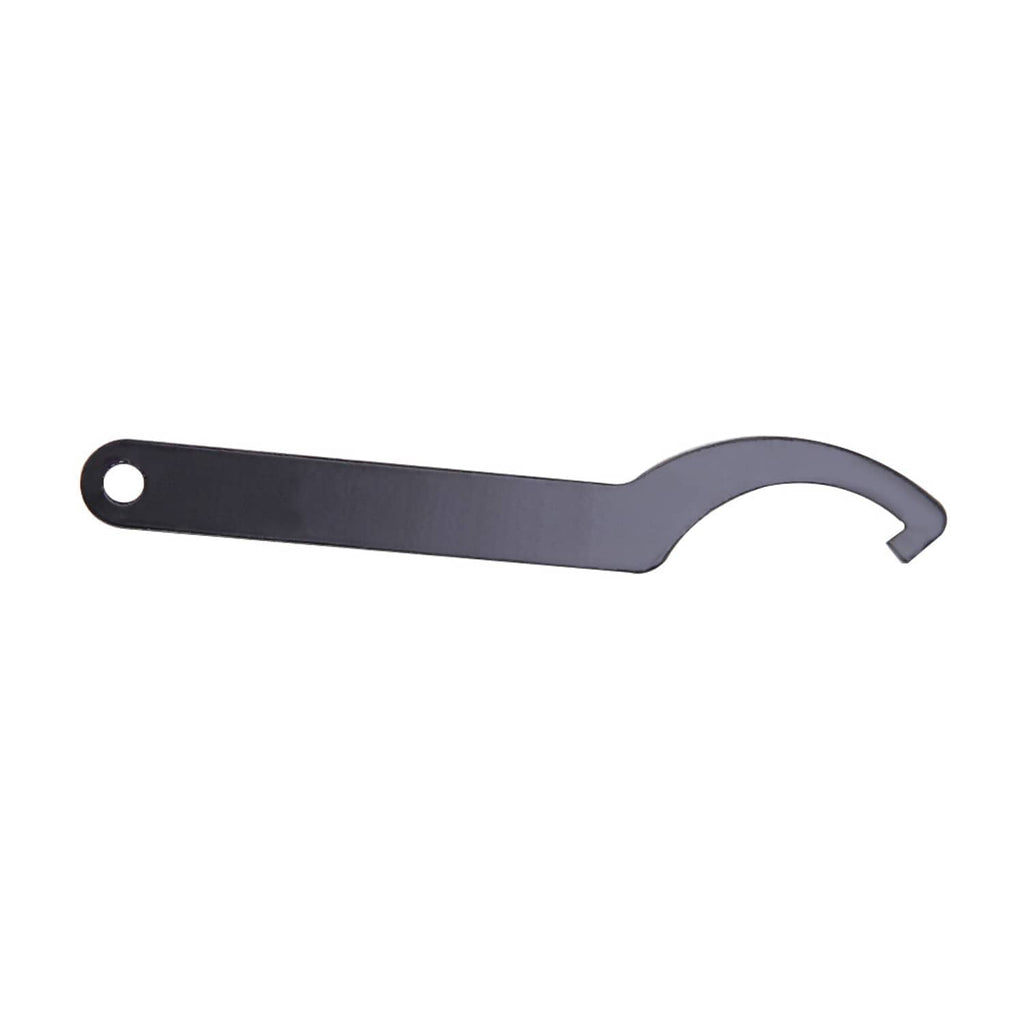 Dark gray C-spanner hook wrench, round hole end, curved hook jaw