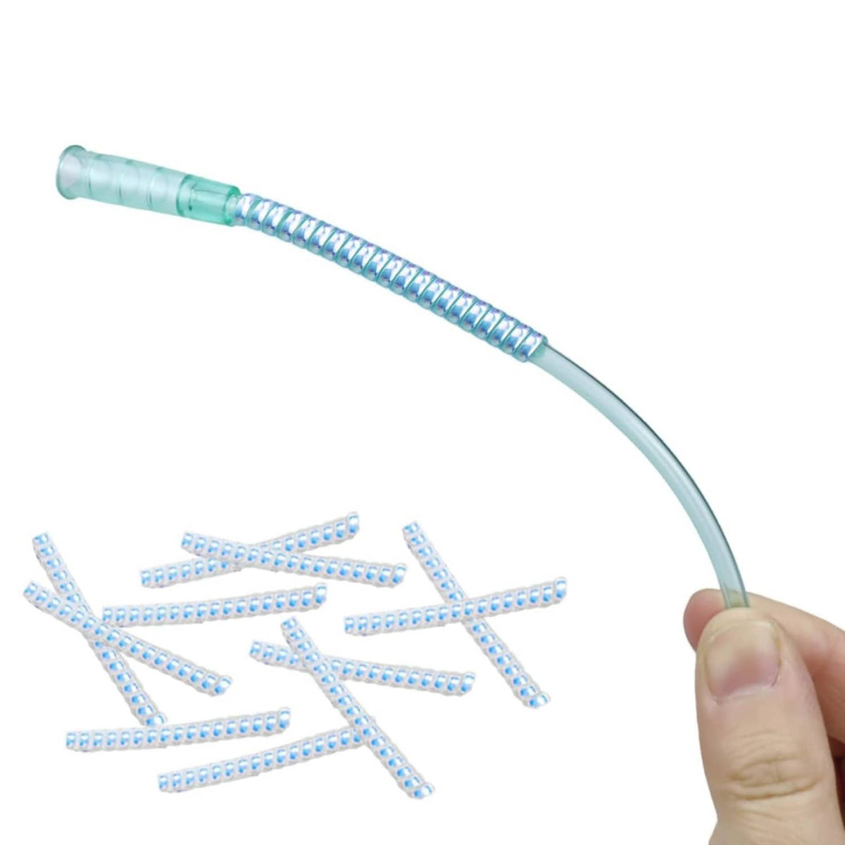 Blue PVC oxygen tubing crimp straightener on light-blue nasal cannula hose, held by hand