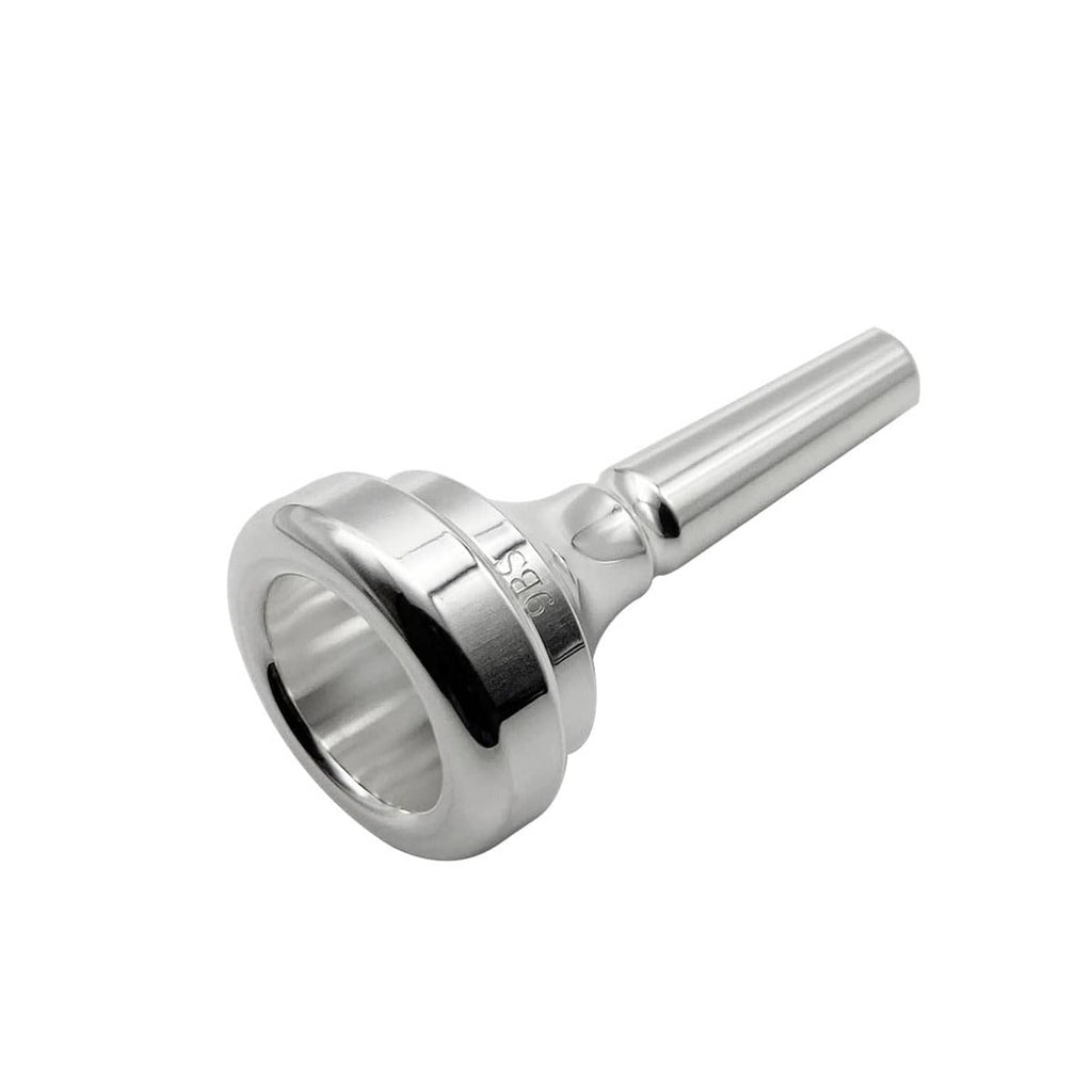 Silver-plated trombone mouthpiece angled view with 9BS marking
