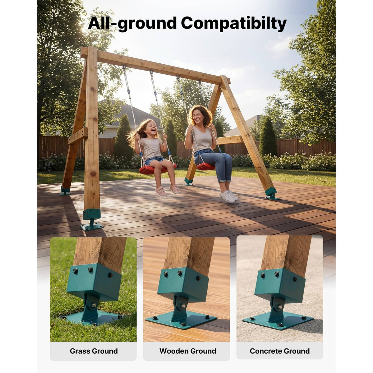 Teal swing set bracket bases for different ground types, shown with adjustable mounting feet