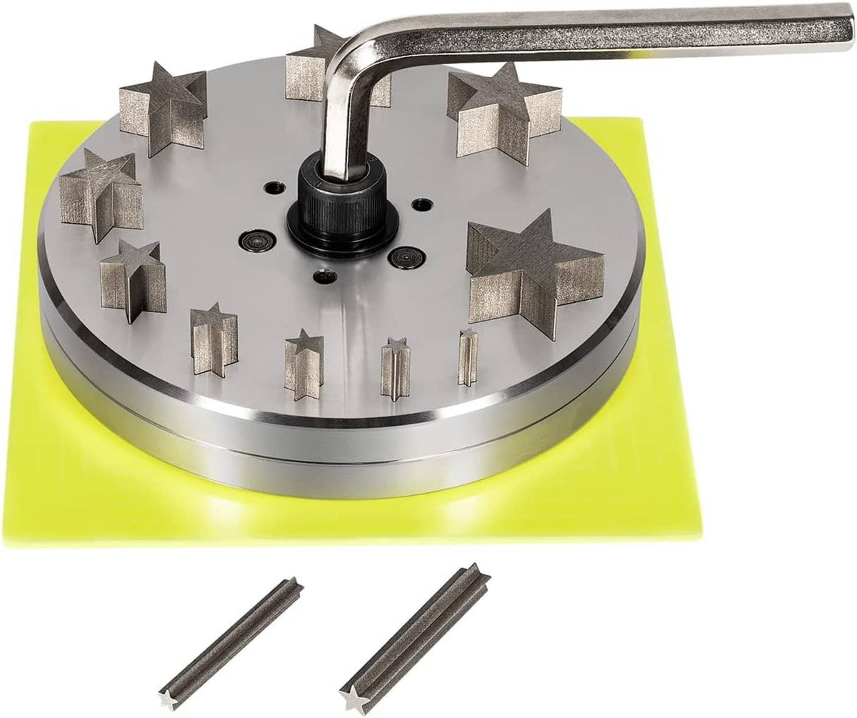 Close-up star disc cutter plate with star dies and L-handle hex tool