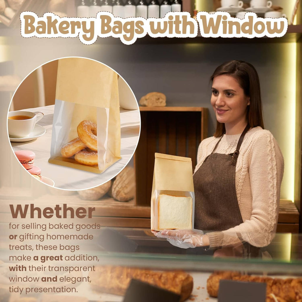 HONKID brown bakery bags with clear window held by a person for baked goods