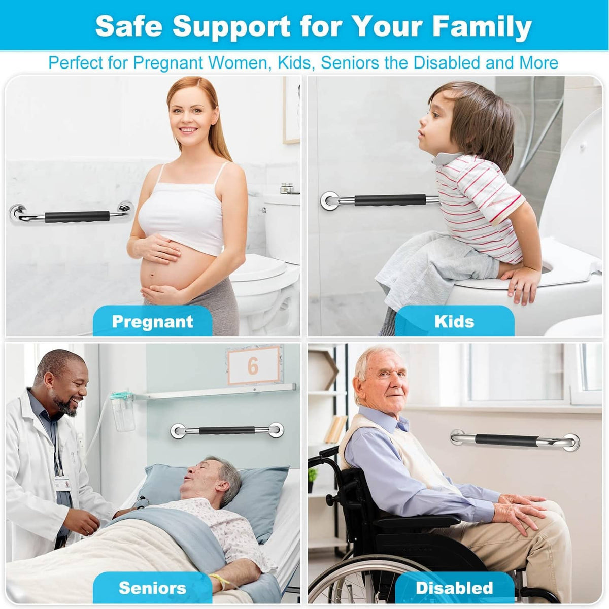 Safety grab bars with black non-slip grips and chrome ends for bathroom support