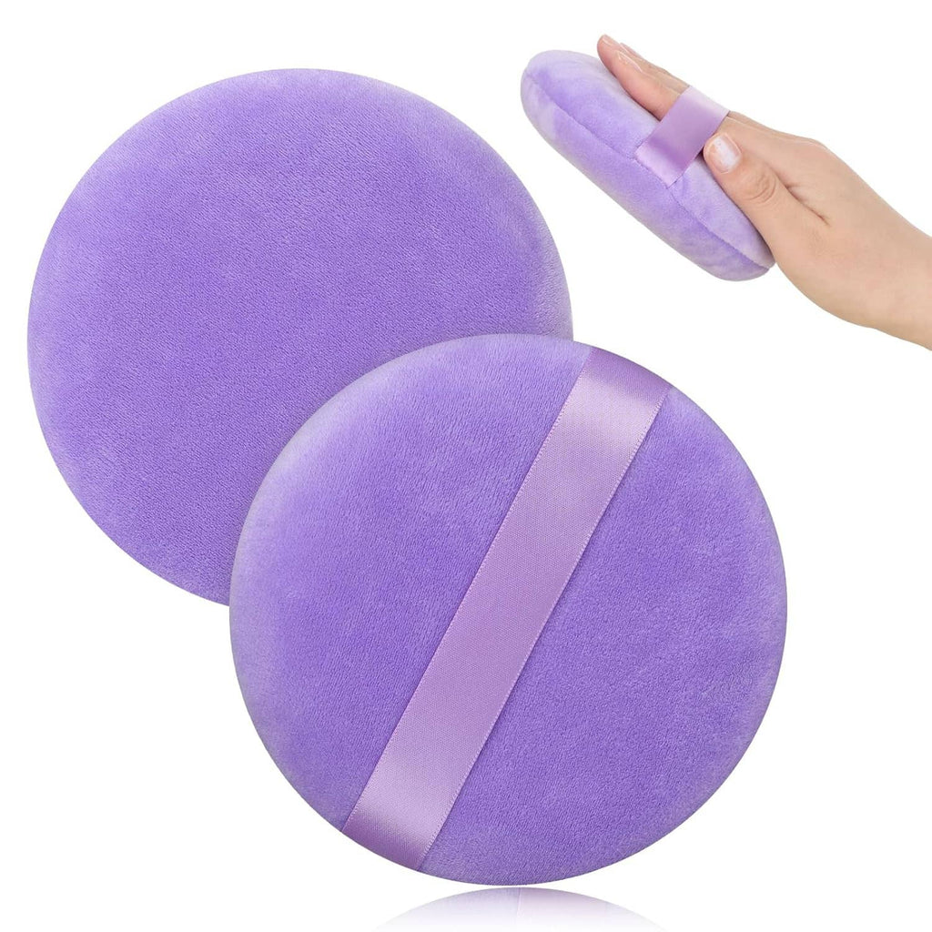 Lavender round velour body puff makeup sponge with light-lavender center strap