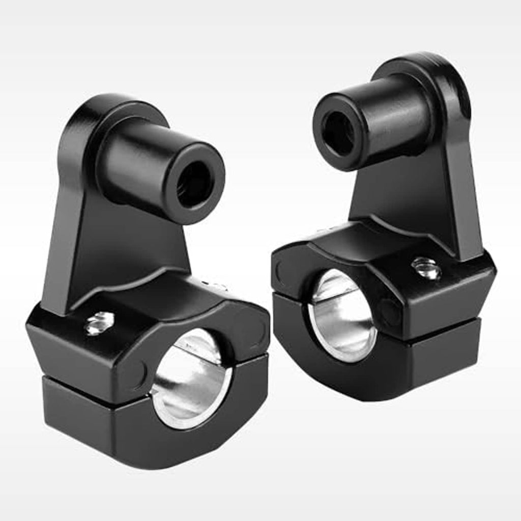 Black handlebar riser pivot mounts with bolt holes and cylindrical bar clamps