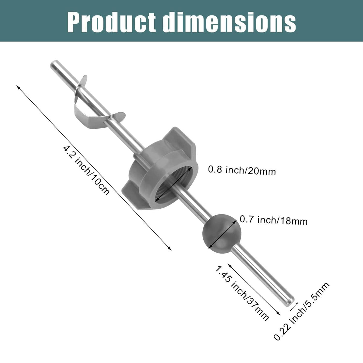 Grey pop-up sink stopper assembly with lift rod and mounting base, size-focused view